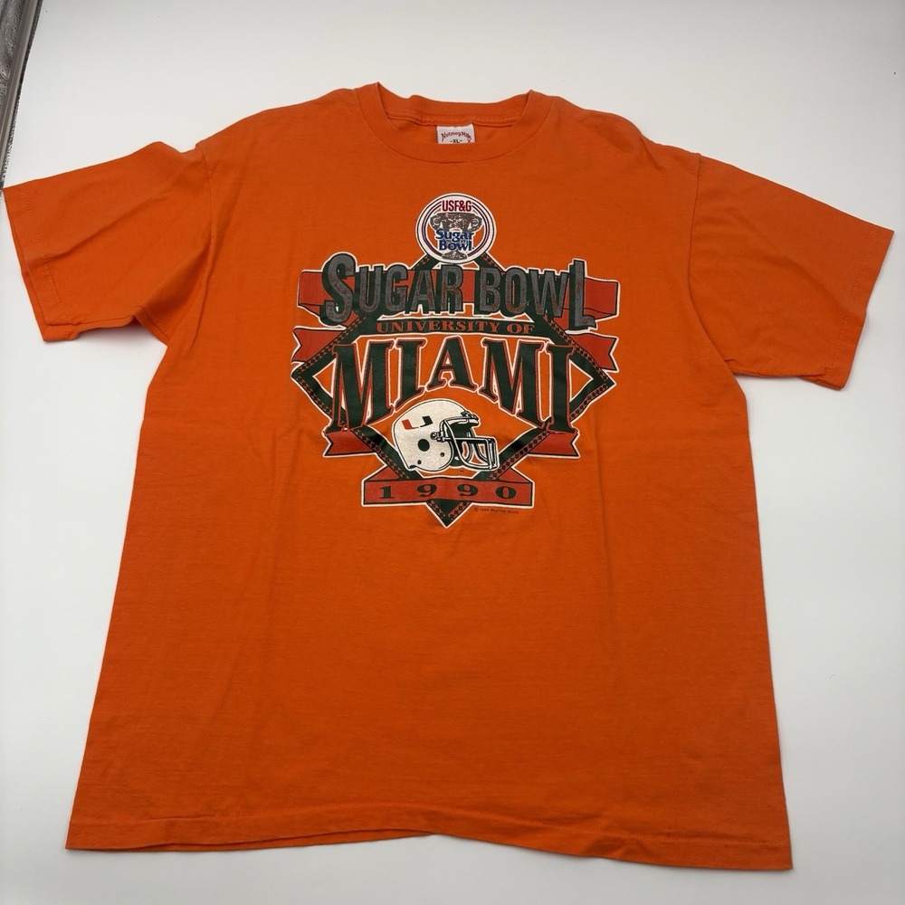 Nutmeg Mills University Of Miami 1990 Sugar Bowl Vintage T-Shirt Mens XL Orange